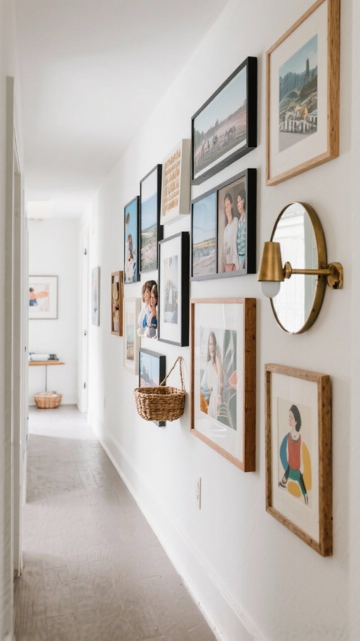 Medium shot of a gallery wall in a narrow hallway: mixed display of family photos, travel prints, and quirky art; frames centered at about 58 inches from the floor; combination of modern black frames and a few mixed wood frames for a cozy eclectic feel; integrate a small round mirror, a shallow wall basket, and a sculptural brass sconce for depth; bright, even light; slight angle from the corner to show the length of the wall.