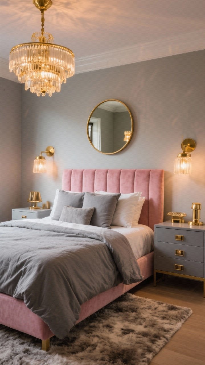 Medium shot of a glam pink-and-grey bedroom vignette featuring a blush velvet headboard, grey bedding, and warm metallics: a brass chandelier overhead, matching brass bedside sconces, a round brass mirror above a grey dresser, and brushed brass hardware on drawers; textures balanced with a wool rug underfoot; evening warm lighting for a luxe-yet-cozy feel, photorealistic