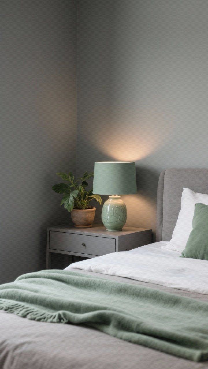 Medium shot of a gray bedroom vignette introducing a single soft accent color repeated three times: choose sage green accents—sage throw at the bed’s foot, a ceramic sage lamp on the nightstand, and a sage plant pot with a leafy plant; gray walls, neutral bedding, and minimal decor; warm, cozy lighting; straight-on framing that clearly shows the three cohesive accent touches.