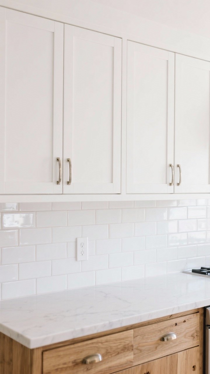 Medium shot of a kitchen wall: white oak base cabinets with brushed nickel tabs, crisp white Shaker-style uppers, white subway tile backsplash, white oak island centered to tie the look, stainless or brass-compatible hardware visible, bright even daylight to keep the space feeling lifted and light