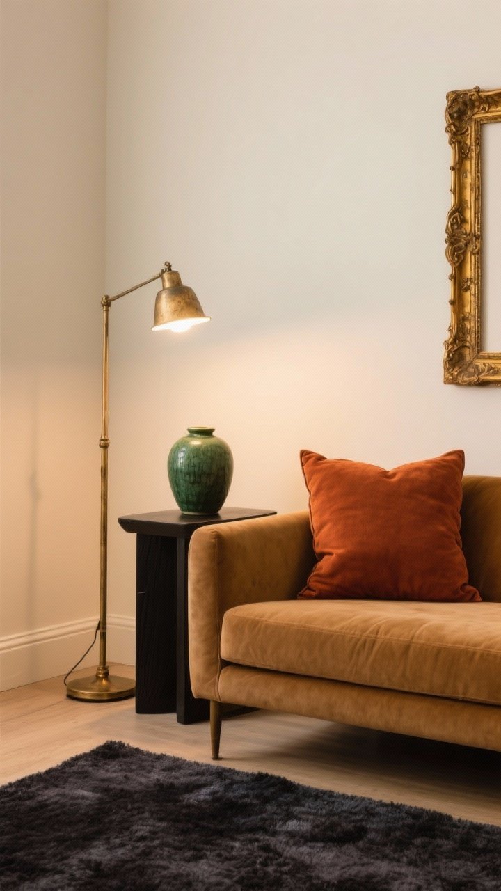 Medium shot of a living room vignette showcasing a warm, grounded palette without bright orange: cream walls, camel sofa, charcoal wool rug, and rust accent pillows; aged brass floor lamp and antique gold picture frame add metallic warmth; include a small forest-green ceramic vase on a black side table; soft warm-white bulb glow (2700–3000K) from the lamp; clean, curated styling.