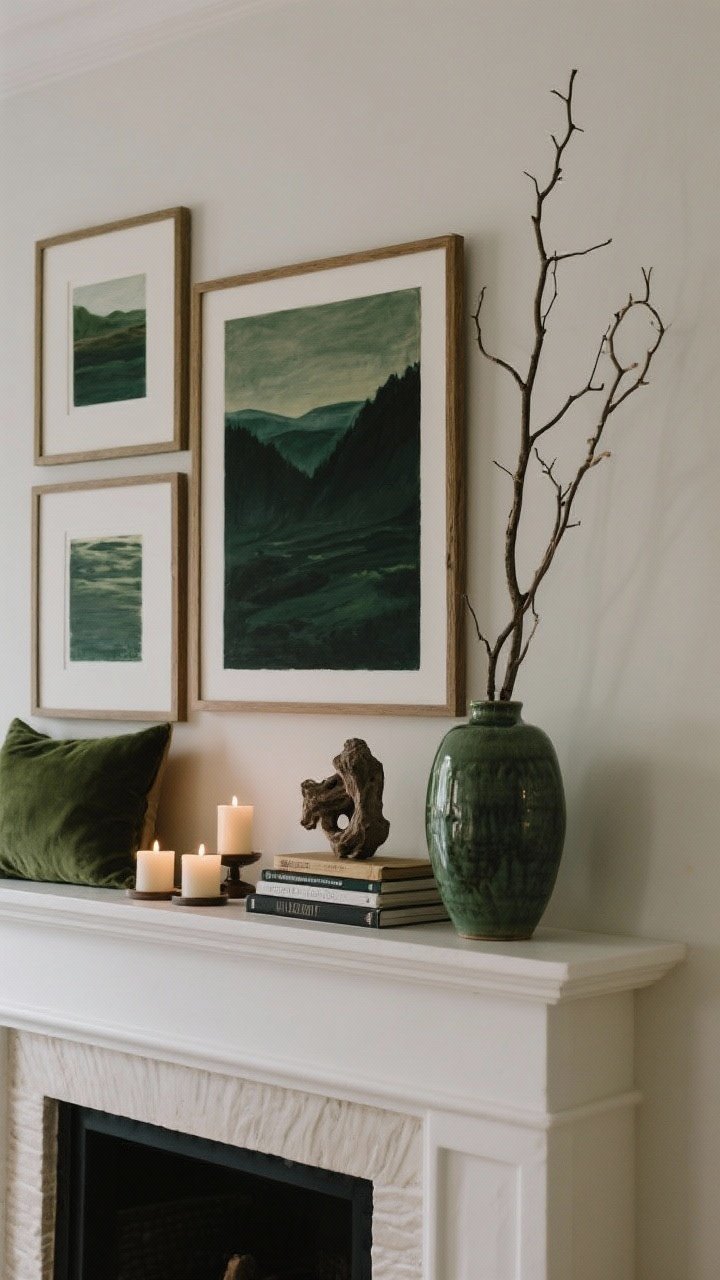 Medium shot of a mantel and wall art refresh: moody landscape art print with deeper tones, layered frames slightly overlapping, a tall branch-filled vase on one side, stacked books, a sculptural organic object, and candles for warmth; echo one hue from the art (e.g., forest green) in a nearby ceramic vase or pillow; asymmetrical but balanced styling.