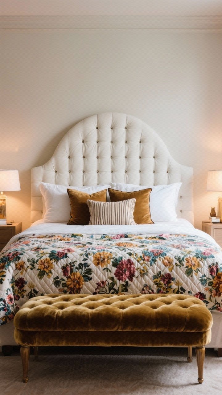 Medium shot of a maximalist bed as the star: a dramatic arched tufted headboard, crisp white sheets, a bold patterned duvet (floral or stripe), topped with a quilted coverlet for texture. Pile on pillows: two Euro shams in back, two standard pillows in front, and two accent pillows. Place a velvet or bouclé bed bench at the foot. Warm bedside lighting for coziness; straight-on framing to emphasize plush, shapely forms.