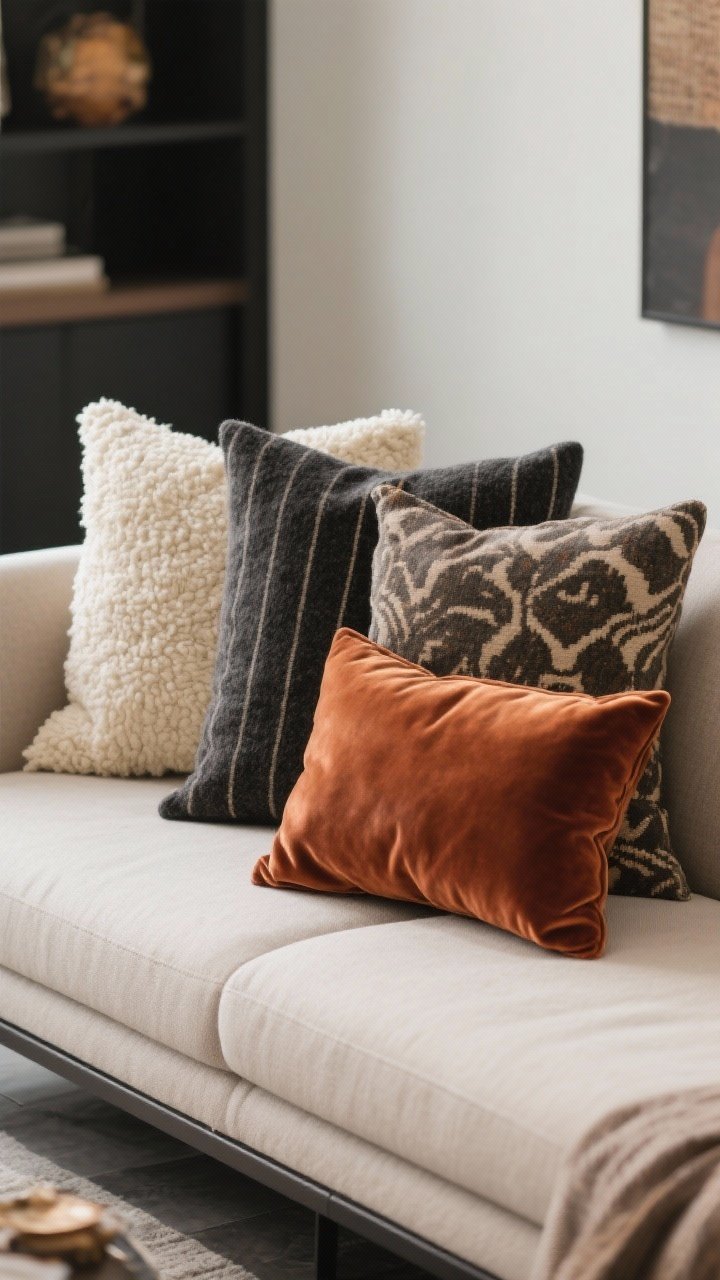 Medium shot of a modern sofa dressed with fall pillows: a curated combo—two textured solids (cream bouclé and charcoal wool), one subtle stripe, one patterned print in muted tones, and one leather or rust velvet pillow; include square and lumbar shapes; inserts look plump; high-contrast neutrals with a single moody hue; soft ambient light for a polished, cozy feel.