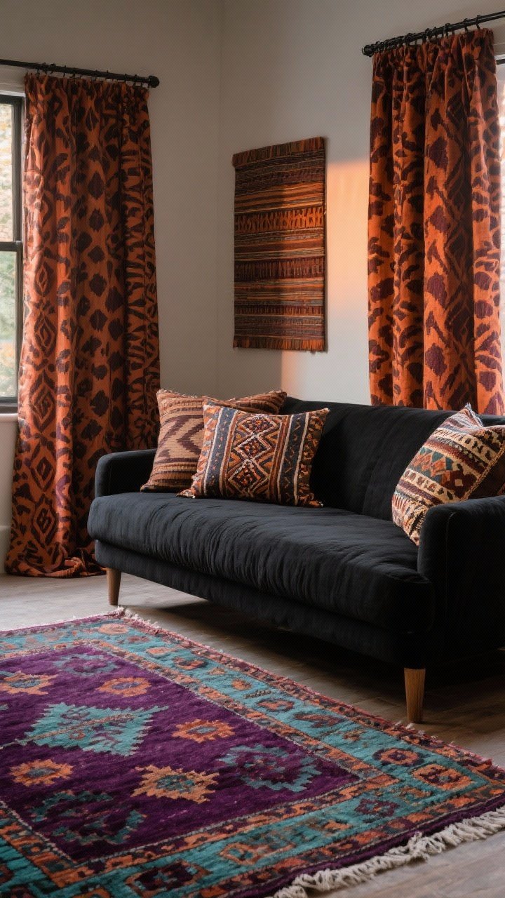 Medium shot of a pattern-forward vignette grounded by a cohesive palette: a deep plum and muted teal kilim rug as the large-scale anchor, a pair of rust-toned patterned curtains as medium-scale, and small-scale pillows in mudcloth, ikat, and suzani patterns on a black linen settee. Dominant colors: rust, deep plum, muted teal, and black. Warm evening light to keep the mood calm, not chaotic.