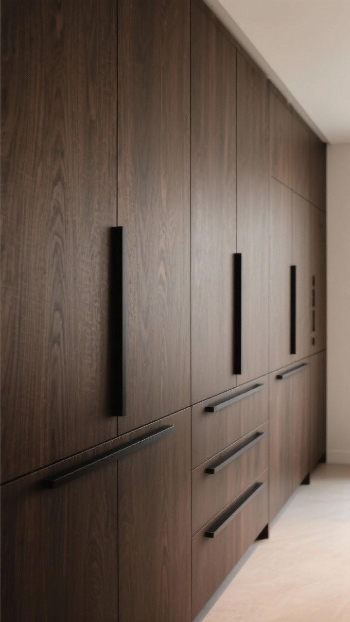 Medium shot of a run of dark brown flat-panel cabinets with minimalist hardware: long matte black low-profile bar pulls on wide drawers, slim edge pulls on uppers, perfectly aligned via a template; neutral lighting to highlight straight, modern lines and the cabinet wood grain, straight-on view
