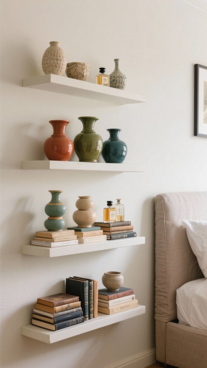 Medium shot of a styled display shelf in a bedroom: collections grouped by color and height—ceramics, vintage books, perfume bottles—arranged in odd-number clusters (3s and 5s). Use stacked books as risers to create levels, and leave negative space between groupings so it reads curated, not cluttered. Include a shallow picture ledge with a few items over a headboard in the background, securely mounted. Soft daylight; slight side angle.