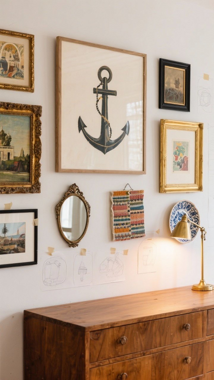 Medium shot of an eclectic gallery wall above a dresser: anchor with one large artwork centered, then layer smaller vintage paintings, travel photos, quirky prints, a framed textile, a tiny antique mirror, and one decorative plate arranged asymmetrically. Mix wood, gold, and black frames for variety without chaos. Include paper templates lightly taped on one edge of the wall as if planning the layout, and a brass picture light casting warm glow. Slight off-center, eye-level perspective.