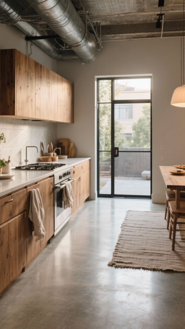 Medium shot of an industrial-cool kitchen with polished microtopped concrete flooring in light warm gray, sealed with a food-safe, stain-resistant finish; soft satin sheen that avoids a garage-floor look; warm wood cabinets, linen runner, and a few soft textiles to balance the loft vibe; side angle showing the floor flowing seamlessly to a glass door hinting at an outdoor connection; gentle, warm ambient lighting plus a slight window highlight.