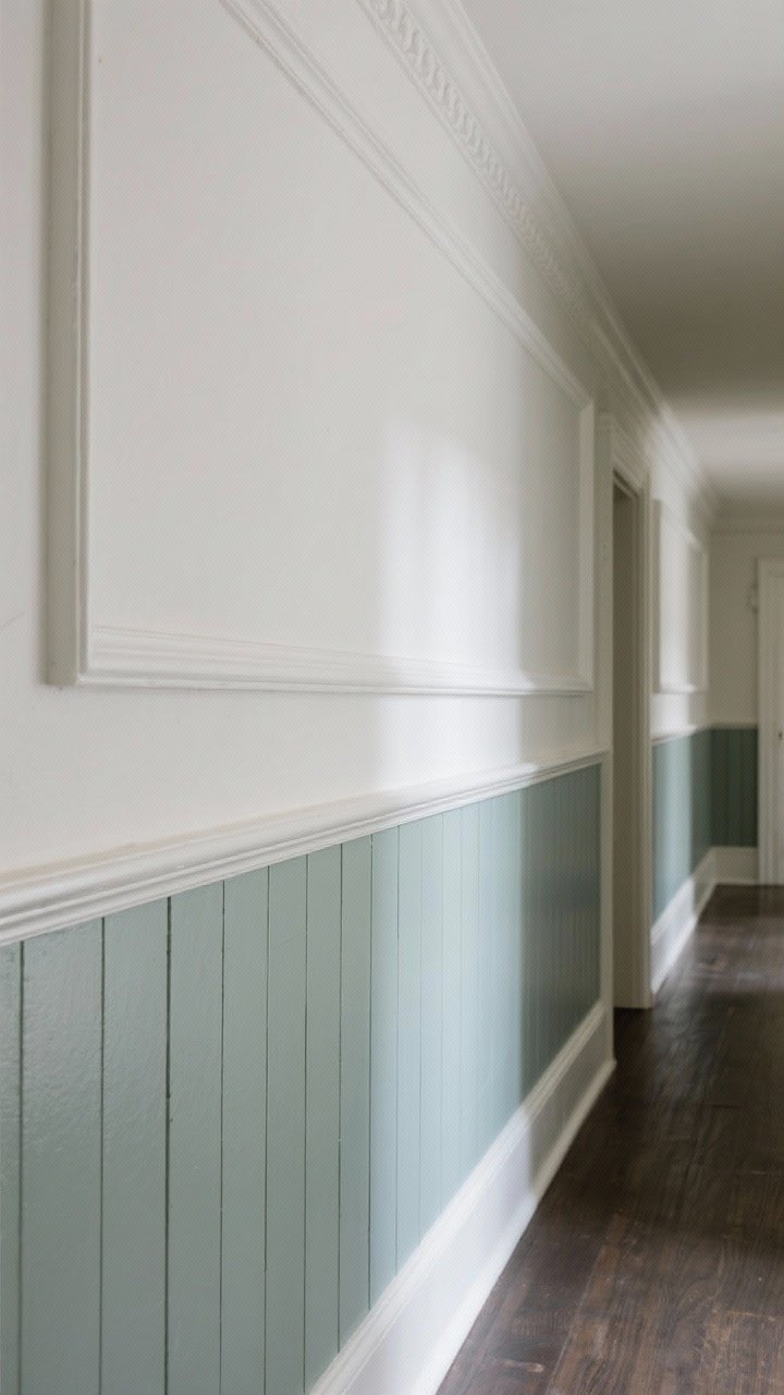 Medium shot of architectural wall detail: hallway with crisp white picture frame molding above a colored beadboard wainscoting at 40 inches high; two-tone paint with a soft muted color on the lower half and white above; include subtle board-and-batten rhythm; landlord-friendly touch implied with neat lines; natural daylight grazing the texture; slight side angle to emphasize shadows and depth.