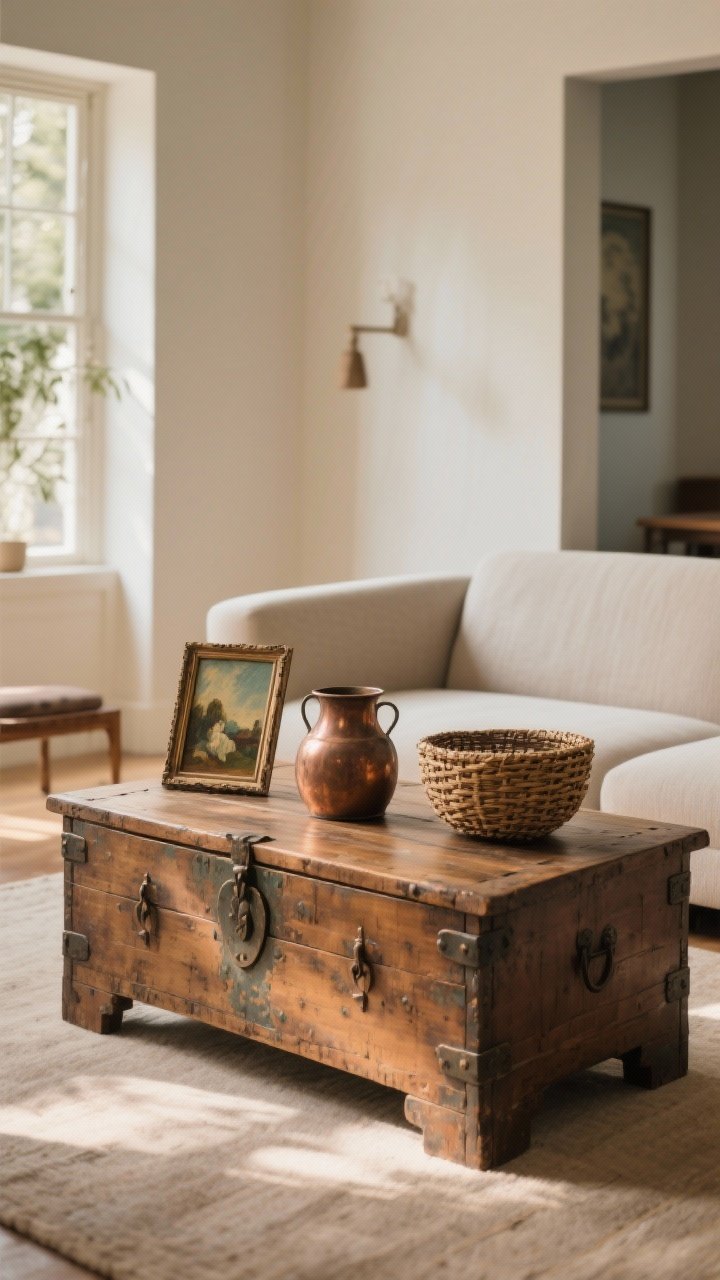 Medium shot of curated vintage finds: an antique chest used as a coffee table, topped with a trio of vintage items—small oil painting, copper pot, and woven basket—edited and balanced with a clean-lined modern sofa; warm wood tones and aged patina under gentle afternoon light, photorealistic.