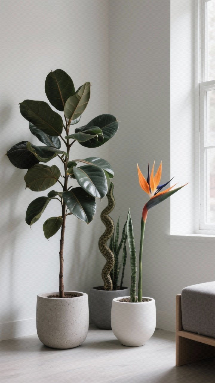 Medium shot of plant styling: A corner featuring a tall rubber plant in a simple fiberstone planter, a snake plant placed near a low-light area, and a bird of paradise by a window for dramatic leaves. Planters are minimalist ceramic in matte white and gray. Clean lines of nearby furniture frame the strong plant silhouettes. Bright but diffused natural light emphasizes leaf structure.