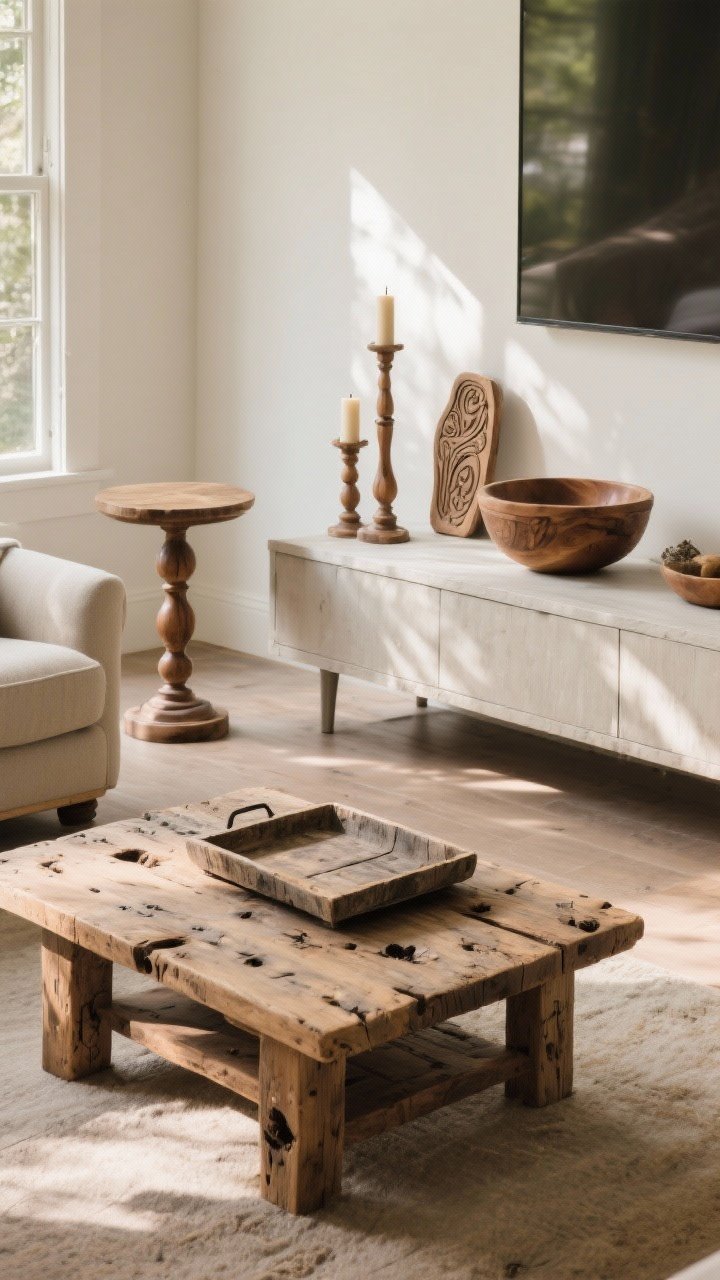 Medium shot of rustic wood highlights: a reclaimed wood farmhouse coffee table with visible knots and grain, a turned-leg side table next to a cleaner-lined console, styled with a weathered wood tray, carved wood bowl, and wooden candlesticks; finishes look aged and imperfect; warm afternoon light grazing the surfaces, photorealistic.