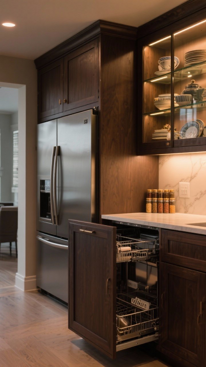 Medium shot of smart storage with dark brown cabinetry: paneled refrigerator and dishwasher for a seamless custom look, a glass-front upper cabinet with interior lighting showcasing curated dishes, an appliance garage door closed beside the counter, and a narrow pull-out spice organizer slightly open; warm evening lighting for “vibes”