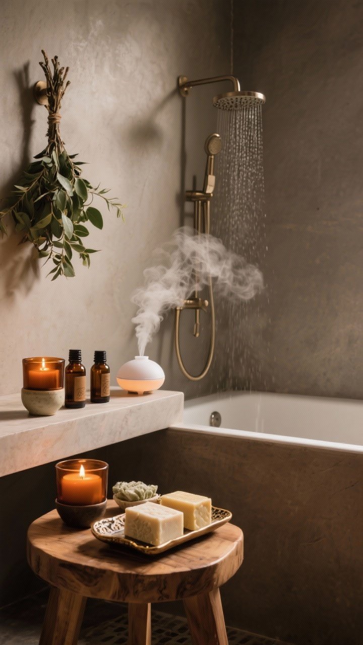 Medium shot of spa ritual corner in the bathroom: essential oil diffuser emitting a gentle eucalyptus mist, a fresh eucalyptus bundle hanging from the shower head, a trio of candles in amber glass and ceramic vessels on a teak stool, and artisanal soaps arranged on a pretty tray; moody, warm lighting suggesting a relaxing scent-forward experience.