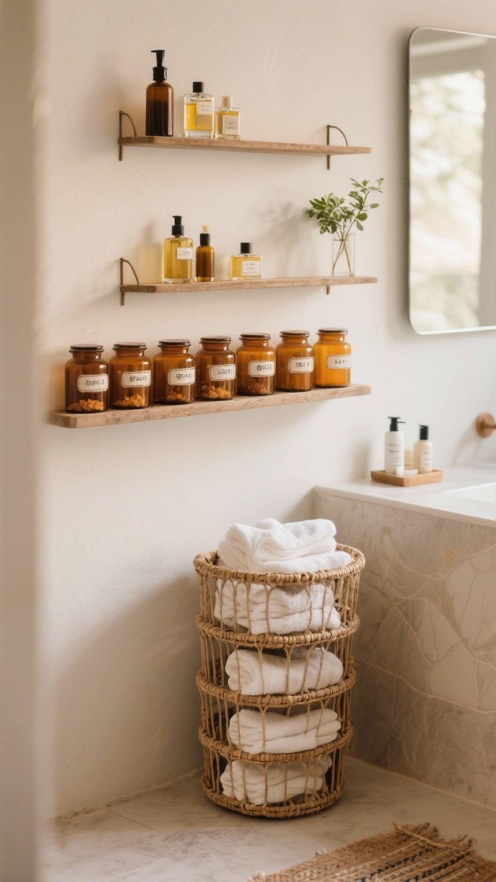 Medium shot of stylish boho storage: amber glass jars lined on a wall-mounted ledge holding cotton pads and bath salts with apothecary labels, a tiered woven basket on the floor with towels below and toiletries above, slim wall-mounted shelves displaying oils, perfumes, and a tiny plant; decluttered yet decorative; soft, warm lighting.