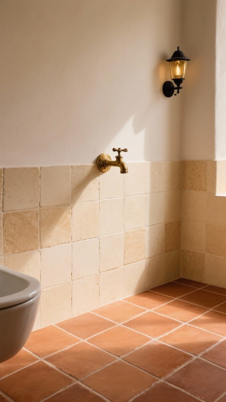 Medium shot of warm Mediterranean bathroom: terracotta-look porcelain floor in 8x8 squares, matte and rich; walls in slightly irregular cream square tiles with subtle texture; sand-colored grout ties everything together; matte black wall sconce and aged brass faucet complement the warmth; golden afternoon light for sun-drenched character