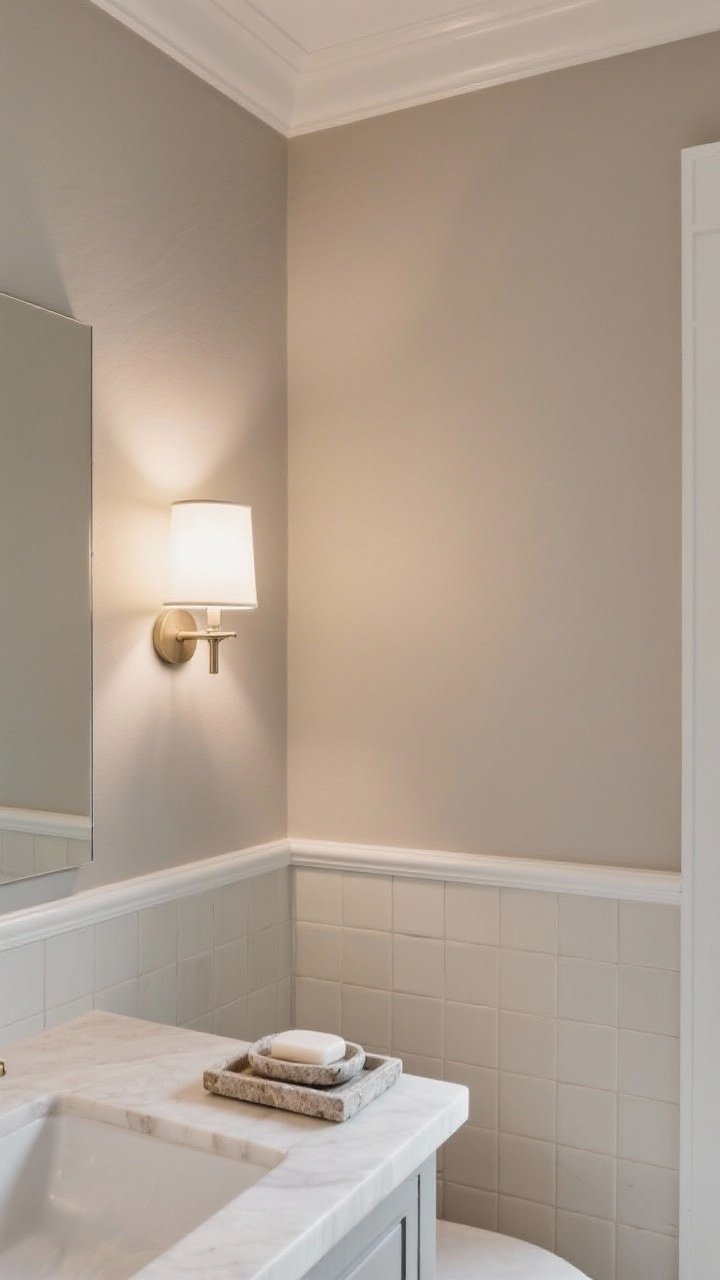 Medium shot: Pale taupe walls creating soft shadow and depth against white trim and light tile. Warm LED bulbs (2700–3000K) give a gentle glow without a gray cast. Creamy grout lines and stone accessories (soap dish, tray) keep the look cohesive. Calm, layered mood without feeling smaller.