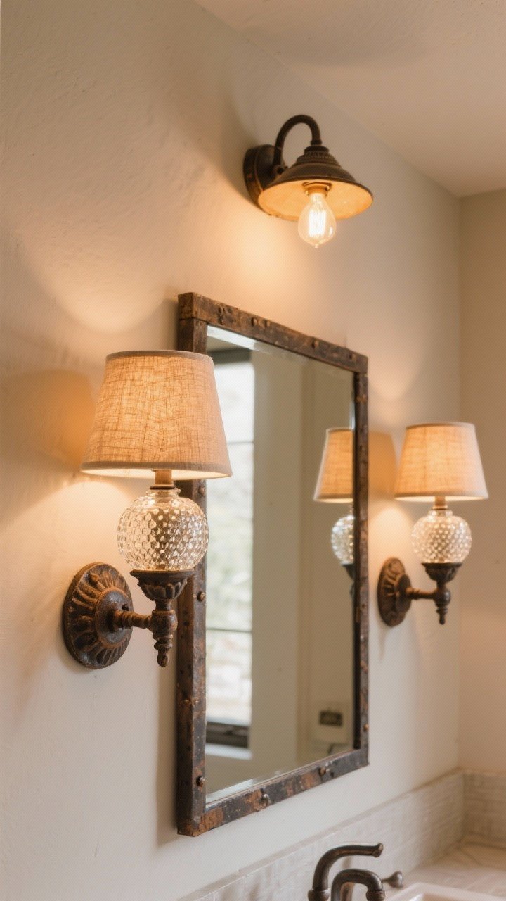 Medium shot: Rustic lighting vignette—pair of iron-detailed vanity sconces with seeded glass at eye level flanking a mirror, a small ceiling-mount fixture overhead; warm LED bulbs (2700–3000K) casting a soft amber glow, subtle linen shade accent visible, straight-on composition.