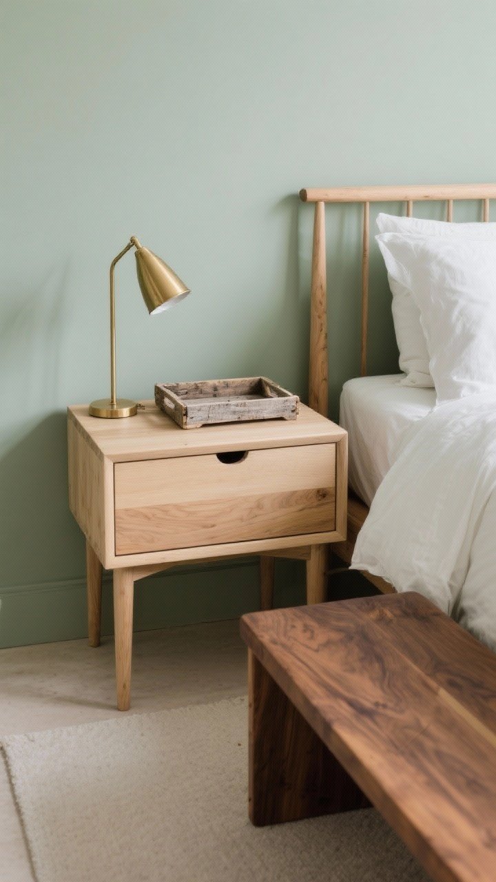 Medium shot: Sage bedroom corner showcasing wood pairings. A light oak nightstand with matte or satin finish sits beside the bed for Scandinavian calm; nearby, a walnut bench at the foot adds richness and sophistication, complemented by a brass bedside lamp. A weathered pine tray on the nightstand introduces rustic charm without going cabin-like. Finishes stay matte/satin to harmonize with the softness of sage.