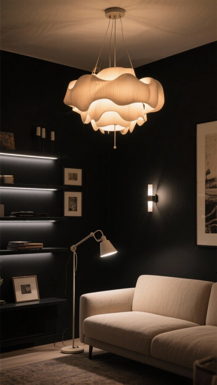 Medium shot showcasing layered lighting in a black living room: a sculptural overhead chandelier (dimmable) casting warm 2700–3000K light, a floor lamp by the sofa providing task lighting, swing-arm sconces flanking art, and small accent picture lights plus subtle LED strips on black shelves; off-black walls, neutral sofa; the scene feels cozy, never cave-like; no people.
