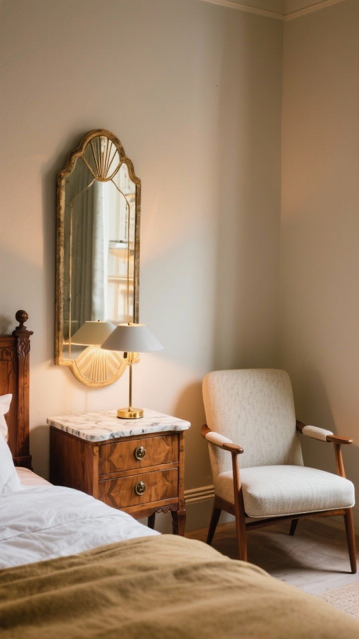 Medium shot showcasing vintage as the room’s soul: a French nightstand with solid wood and dovetail joints, an Art Deco mirror with gentle patina reflecting warm light, and a mid-century chair upholstered in fresh fabric. Blend eras with a modern lamp on the Victorian or vintage dresser for contrast. Show subtle marble detail or brass hardware on furniture. Warm, indirect lighting; three-quarter room angle.