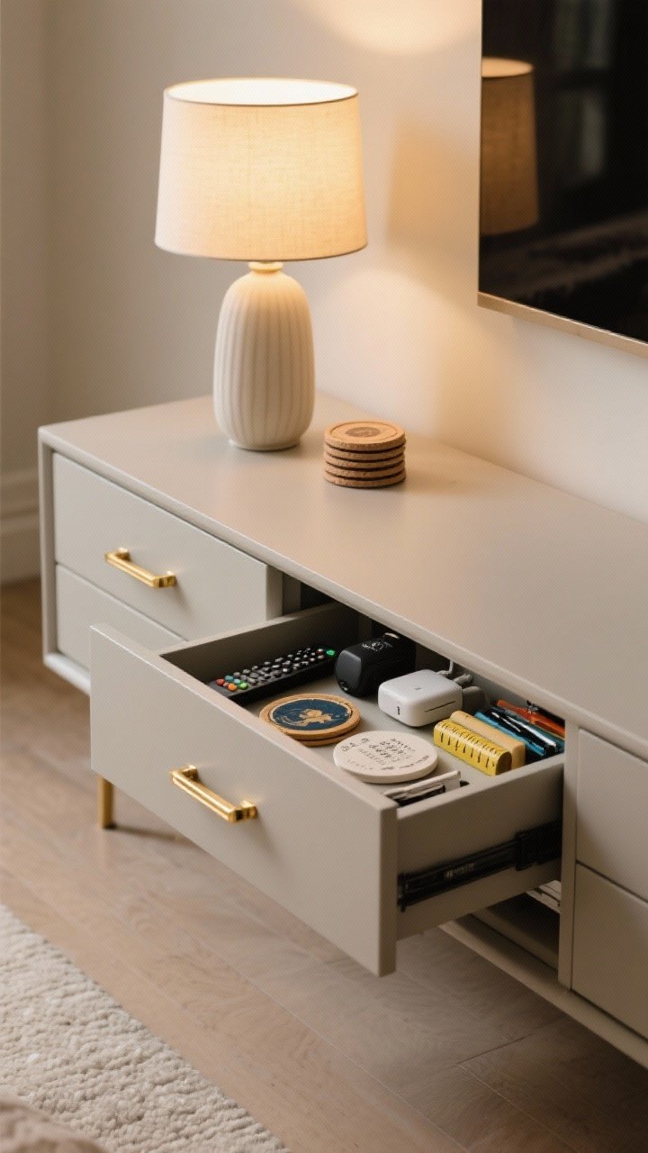 Medium shot, side angle: A sleek console with drawers used to hide clutter. The top remains minimal: a lamp, small vase, and coaster stack. Slightly open drawer reveals neatly stashed remotes, chargers, coasters, and stationery with a tape measure. The hardware has been swapped to brass pulls for a subtle glow-up. Soft warm light enhances the tidy, minimalist vibe.