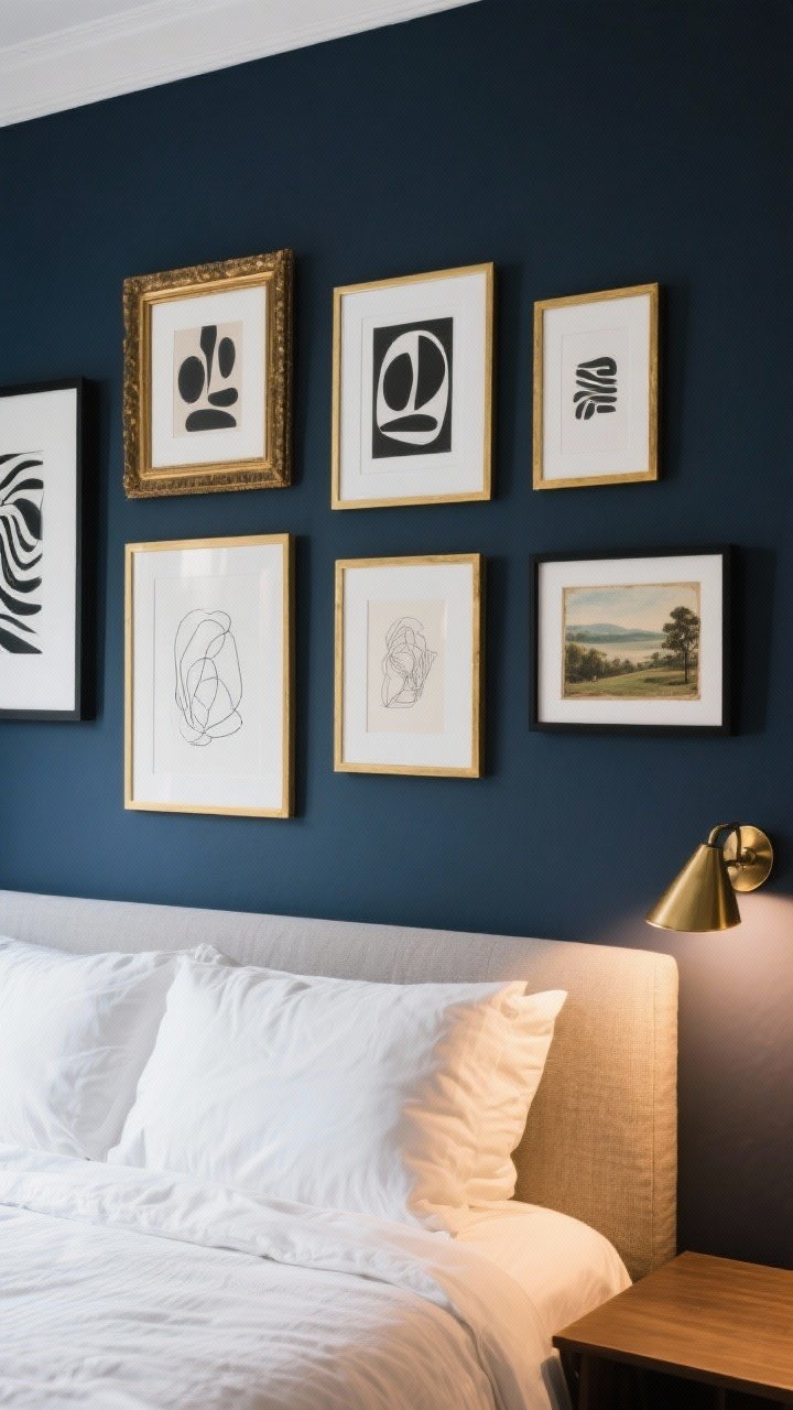 Medium shot, straight-on: A curated gallery wall on a matte navy wall above a bed—mix of white mats in gold and black frames, combining abstracts, line drawings, and a small vintage landscape. Art hung slightly lower above the headboard for a cozy feel, with a brass picture light illuminating the favorite central piece. Warm, focused accent lighting.
