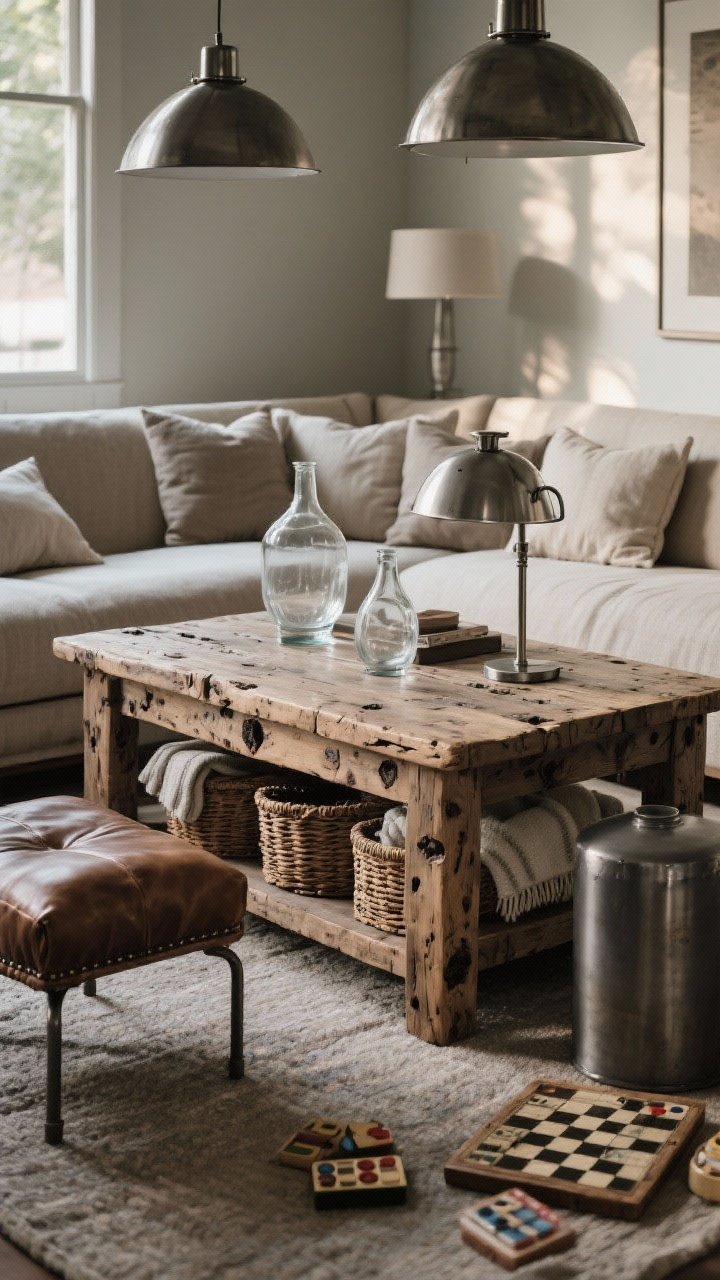 Medium shot, straight-on: A reclaimed wood sofa table with visible knots and weathered texture, paired with linen sofa cushions, a leather accent ottoman, and matte metal finishes. Polished metal lamps and clear glass vases on top create contrast. Below, woven baskets store blankets and board games. Neutral palette with moody touches; late-afternoon light emphasizing the grain and lived-in durability.
