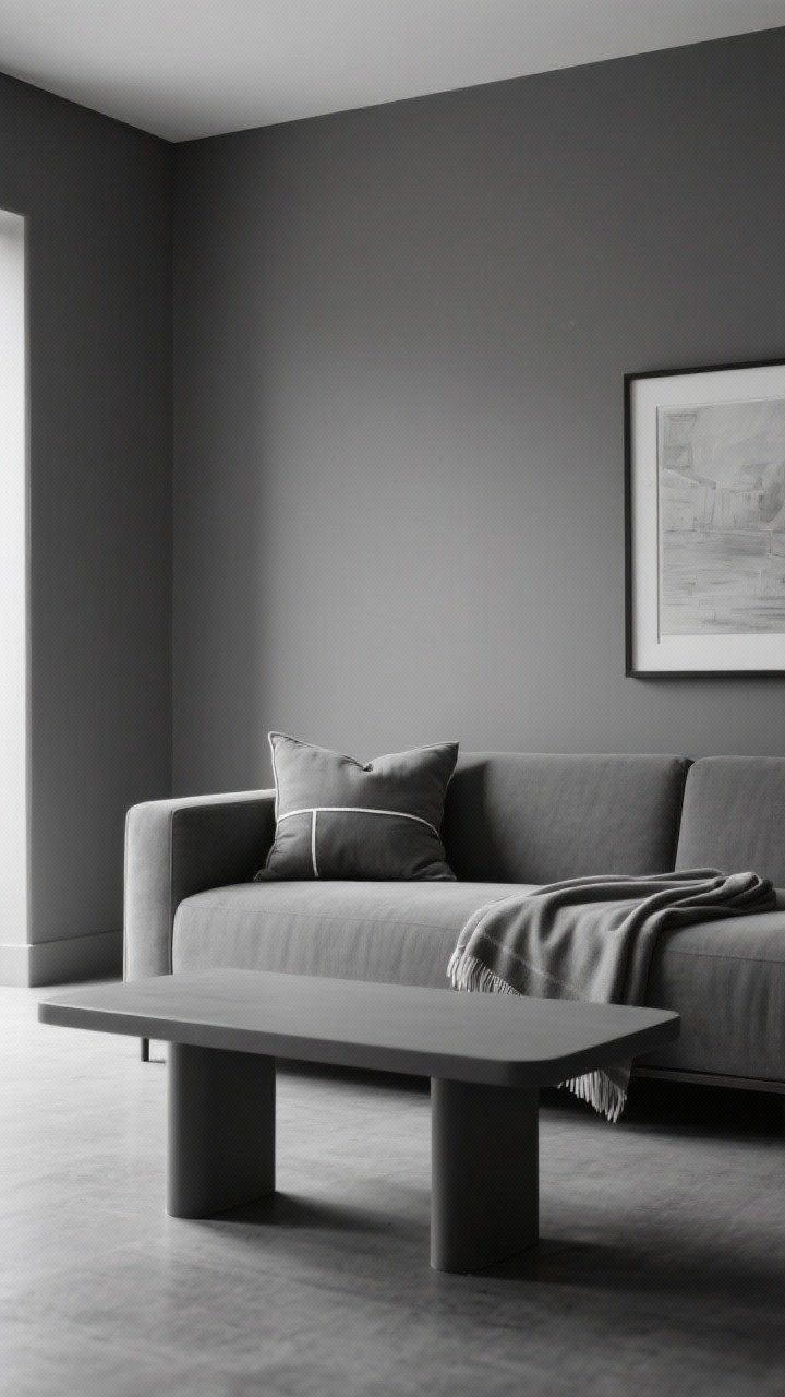 Medium shot, straight-on: A tone-on-tone monochrome setup where the sofa table matches the wall color, just a shade darker for subtle contrast. Repeated accents echo the hue in a throw, cushion piping, and an artwork frame. The table finish is matte for a soft modern look. Calm, cohesive palette under diffuse, even lighting for a custom, elevated feel.