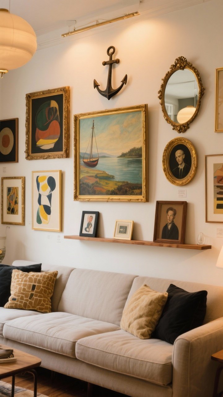 Medium shot, straight-on: A vintage art gallery wall above a sofa. Anchor with a large oil landscape off-center, mix in mid-century abstracts and quirky portraits. Frames vary—gold, wood, black—with each finish repeated. Add a vintage mirror to bounce warm light. Include a slim ledge shelf segment with a few pieces resting for easy rotation. Soft, warm indoor lighting at 3000K.