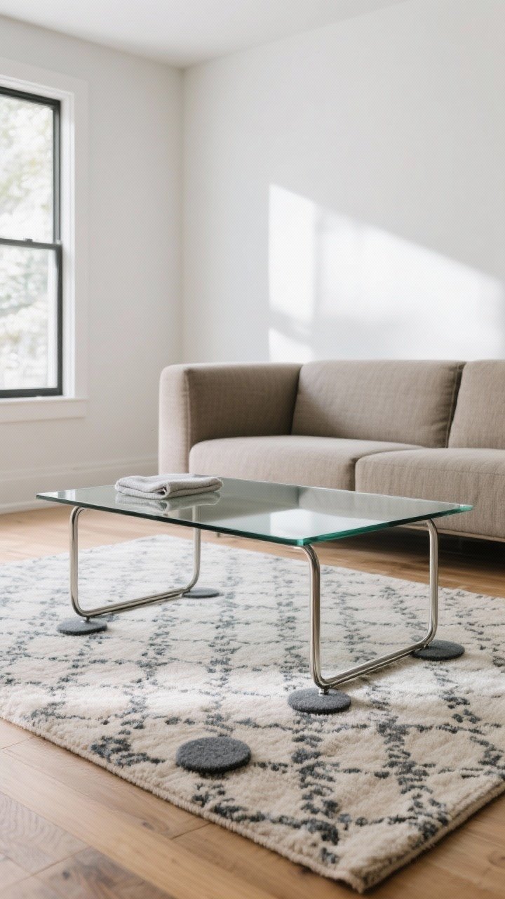 Medium shot, straight-on: An airy glass-top sofa table with a thin brushed metal frame behind a fabric sofa, letting a patterned rug and wood floors shine through. Minimalist styling—few objects with felt pads underneath. Crisp daylight streams in; the scene feels contemporary and uncluttered. A microfiber cloth rests discreetly on the lower frame, nodding to easy care.
