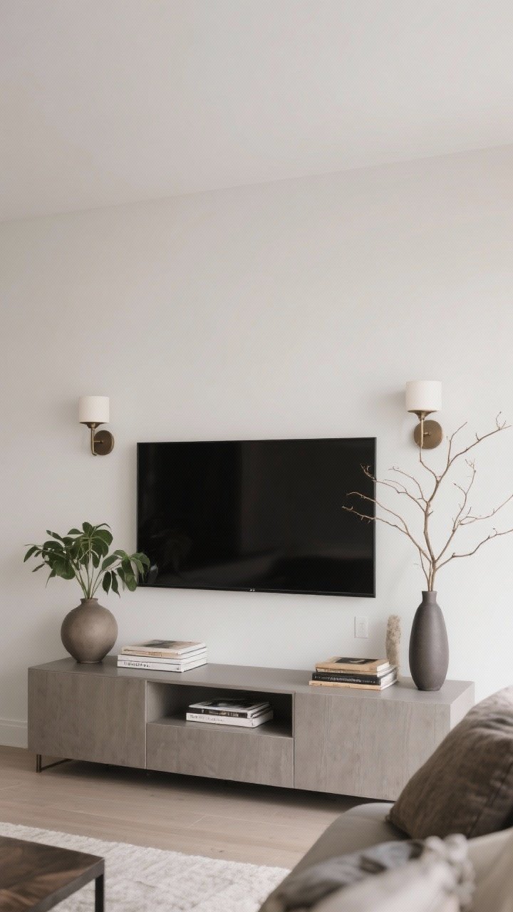 Medium shot: Thoughtful styling around the TV—symmetrical flanking elements like matching sconces and plants, varied heights in decor (short book stacks, medium vases, tall branch), and predominantly matte finishes to minimize glare; restrained arrangement so the screen feels integrated, not dominant.