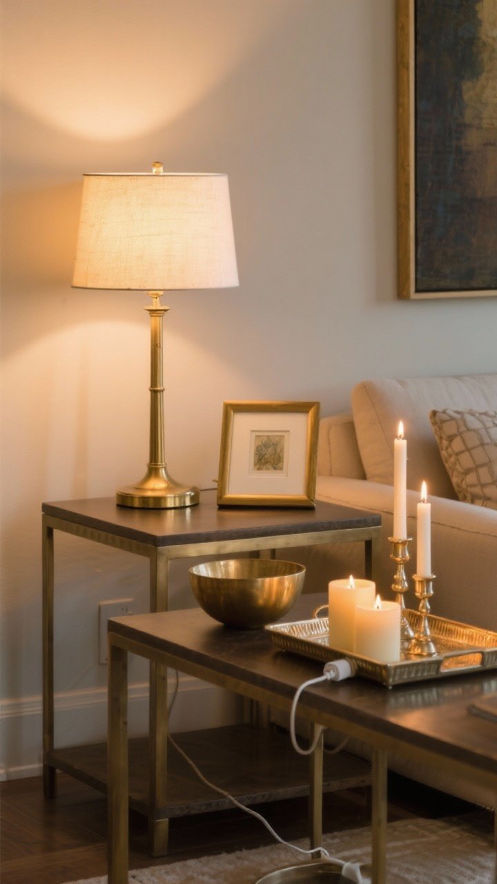 Medium shot, three-quarter angle: A well-lit sofa table scene layered with ambient and accent lighting. A 26-inch table lamp with a warm 2700K bulb provides glow without glare from the sofa. A small picture light highlights framed art; clustered candles at varying heights sit on a heat-safe tray. A dimmer plug is visible on the cord. Metals repeat in brass lamp, frame, and bowl for cohesive shine.