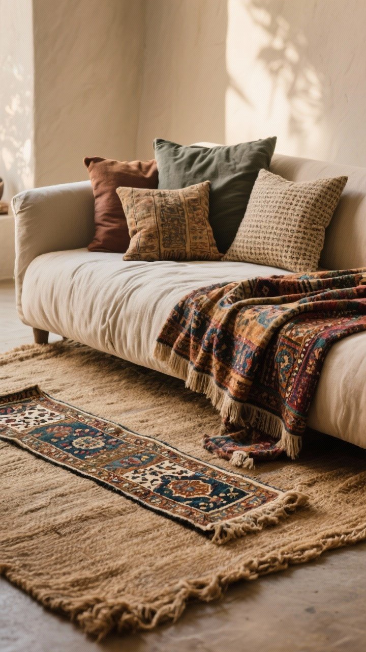 Medium shot: Timeworn textiles adding soul. Layered rugs—large jute base with a smaller antique Persian runner on top. A sofa draped with a suzani or kantha throw; pillows mixed with one vintage textile pillow, two solids, and one micro-pattern. Gentle wrinkles visible for authenticity. Warm, indirect daylight enhancing the rich colors and patina.