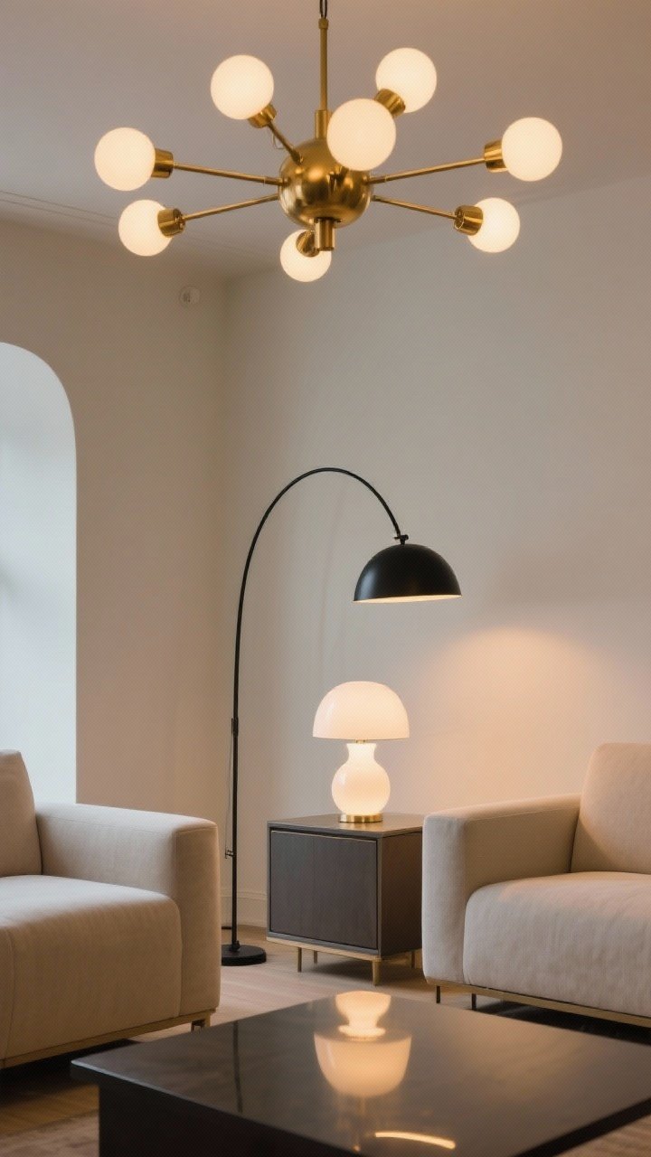 Medium shot with lighting emphasis: A brass sputnik chandelier with globe bulbs overhead, an arched matte-black floor lamp near the sofa for task lighting, and a small opal-glass table lamp on a credenza for accent glow. Warm LED bulbs (2700K–3000K) create a cozy ambiance. Background shows a clean-lined seating area in neutral tones with subtle reflections on brass and matte finishes.
