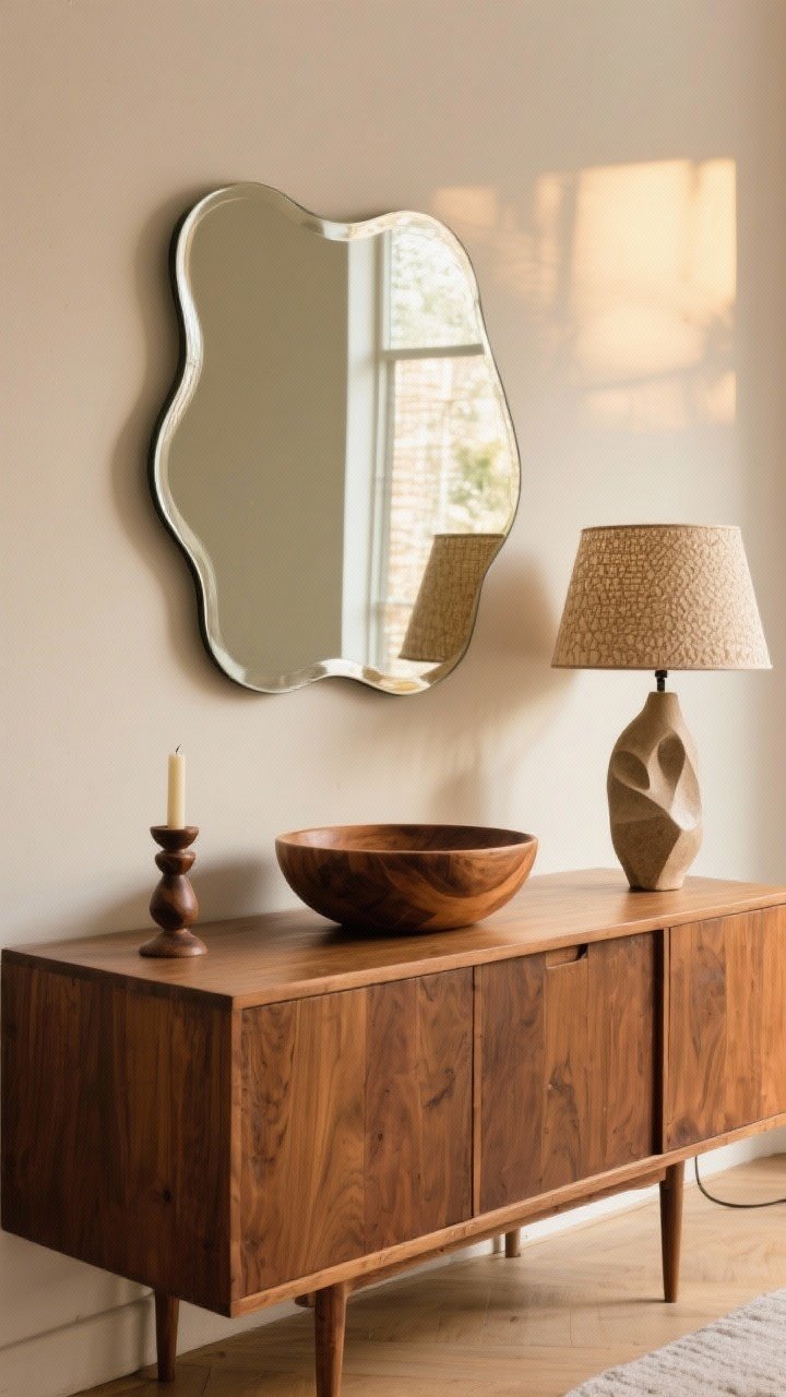 Medium shot with vintage character: A living room vignette mixing authentic vintage finds—a teak bowl, a ceramic table lamp with a textured shade, and a brutalist candleholder—arranged atop a credenza. One conversation piece steals focus: a sculptural wavy mirror leaning above or a quirky vintage lamp in bold shape. Neutral backdrop with warm woods and subtle patina; soft, golden-hour light.
