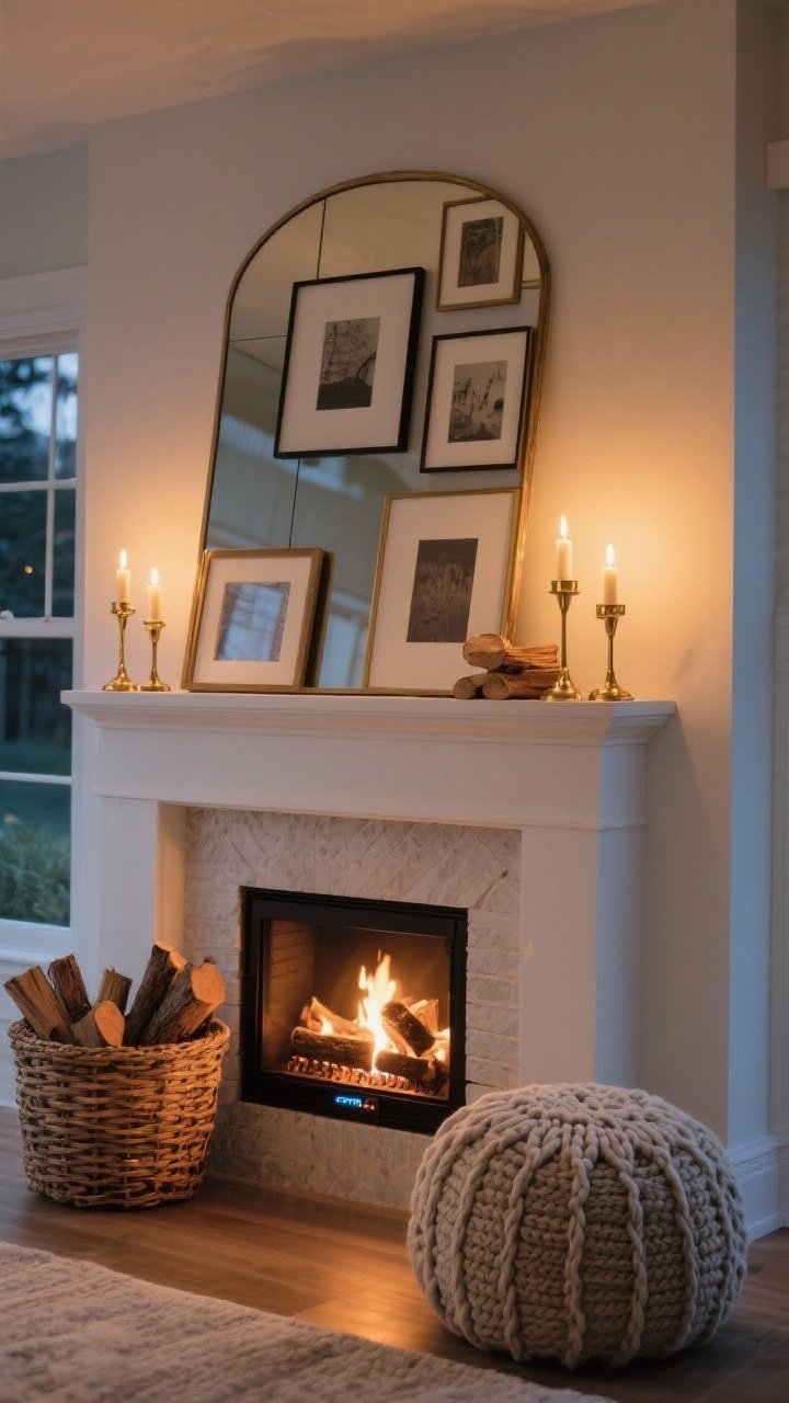 Medium, straight-on fireplace vignette: a styled mantel with a leaned mirror layered with smaller frames, brass candlesticks flickering, an electric insert with stacked logs for glow; woven basket of firewood beside the hearth and a chunky knit pouf nearby; evening, fireside warm lighting, photorealistic.