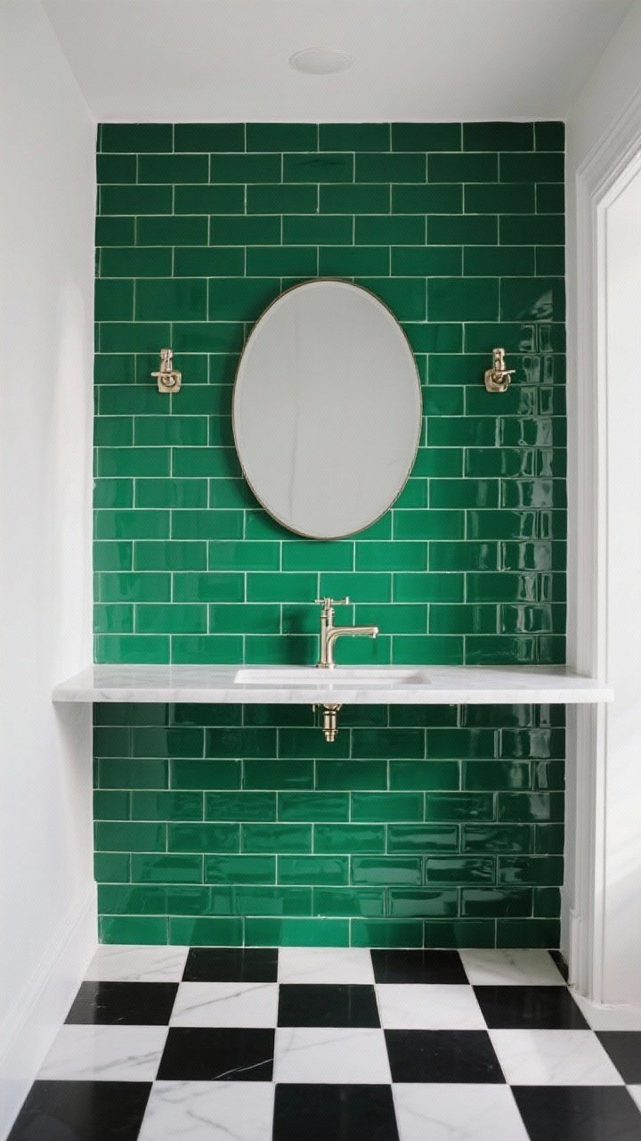 Medium straight-on shot of vanity wall and floor: glossy emerald green subway tiles on the wall with contrasting white grout, paired with a black-and-white checkerboard floor in 12x12 porcelain; polished nickel faucet and hardware for a refined feel; simple round mirror centered above a slim vanity; balanced daylight, bold yet classy ambiance