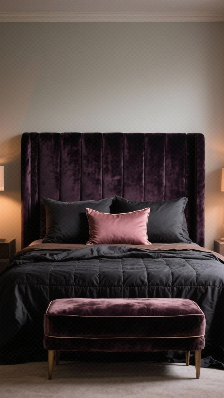 Medium, straight-on view of a bed that looks cinematic: tall upholstered velvet headboard in blackberry, layered with matte linen sheets in mocha, a silky black duvet, and a mulberry velvet quilt folded at the foot. Three pillow sizes are styled—two charcoal Euros, two deep rose standards, and a long lumber pillow with subtle piping. Warm, dim bedside lighting enhances the plush textures.