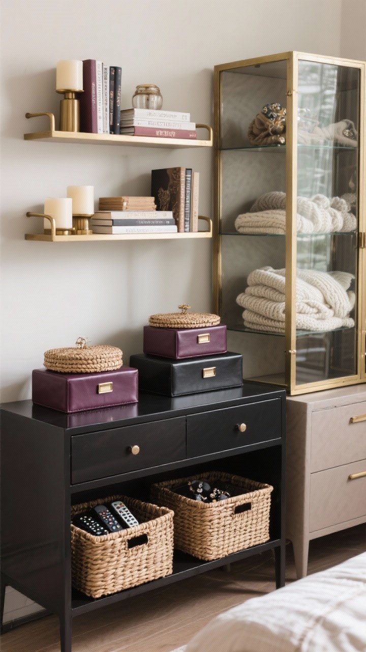 Medium straight-on view of styled storage that blends with decor: woven lidded baskets under nightstands hide remotes, lacquer and leather boxes in mulberry and black sit on the dresser for jewelry, and a glass-front cabinet displays folded knits and treasures. Floating shelves with bookends corral books and candles. Palette stays mulberry, black, taupe, and brass for a seamless, chic look.