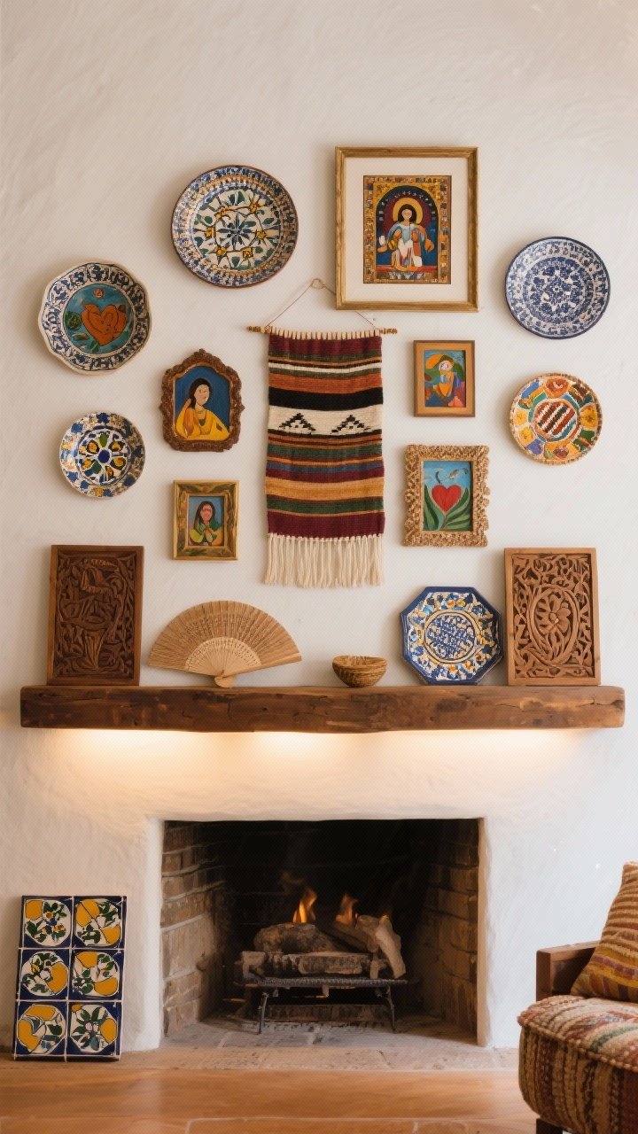 Medium wall composition: Art with heart—a gallery wall blending Talavera plates, small folk art paintings, retablos in mixed frames, and woven fans; a Zapotec weaving hung above a fireplace adds texture. Hand-painted tiles and carved panels are propped on a mantel shelf for layered depth. Soft, indirect lighting preserves color richness.