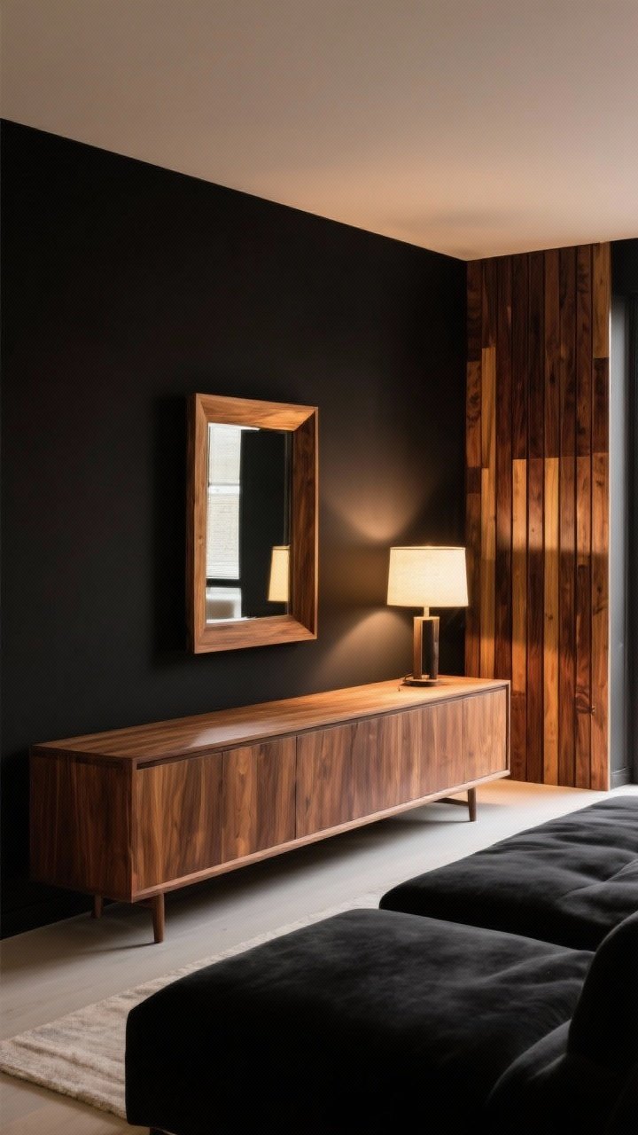 Medium-wide shot emphasizing warm wood against black: off-black walls with a long walnut credenza/media console grounding the room, wood-framed mirror above it, and a feature of vertical wood slats on one wall for character; tones are neutral to golden-brown (avoid red undertones); soft warm ambient lighting glows from a table lamp atop the credenza; black seating in foreground; clean, sophisticated mood.
