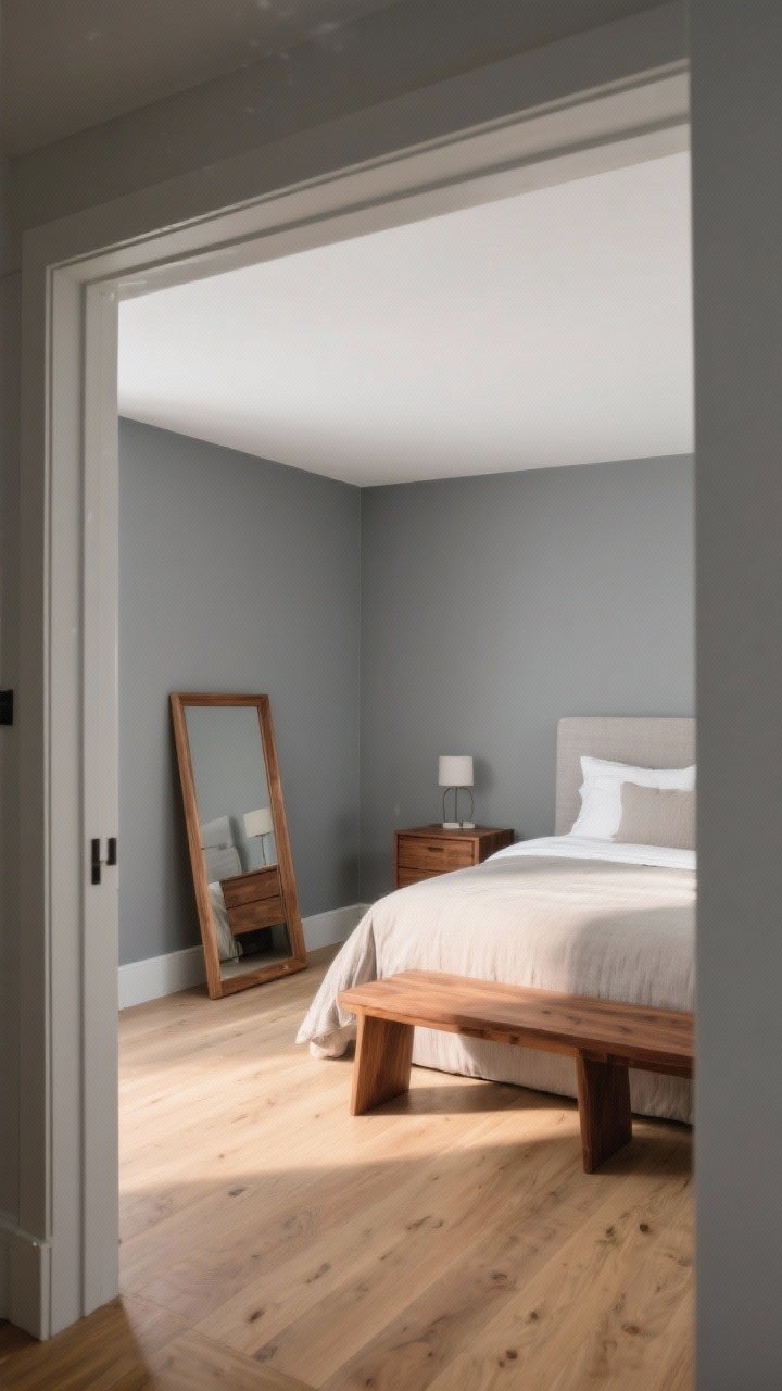Medium-wide shot highlighting warmth from wood tones in a gray bedroom: cool gray walls paired with walnut nightstands and a walnut bench at the foot of the bed; light oak flooring in a natural finish, no heavy stain; include a wood-framed mirror leaning on the wall to soften the gray; bedding kept neutral; late afternoon warm light to emphasize the wood’s richness; slightly angled view from the doorway.