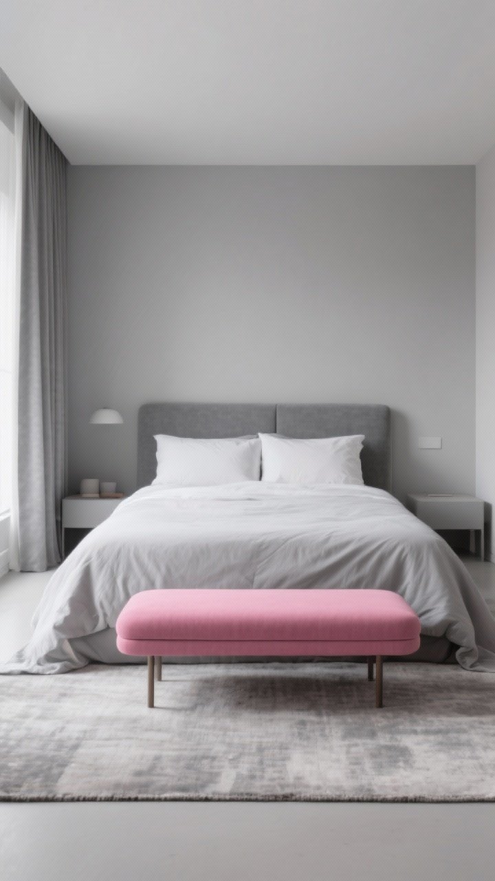 Minimalist, grey-monochrome wide shot with a single pink pop: varying greys across walls, bed linens, rug, and curtains, with one bold blush statement piece—a pink upholstered bench at the foot of the bed; restrained palette from light dove to charcoal, clean lines, soft daylight to emphasize the curated contrast; photorealistic, no clutter