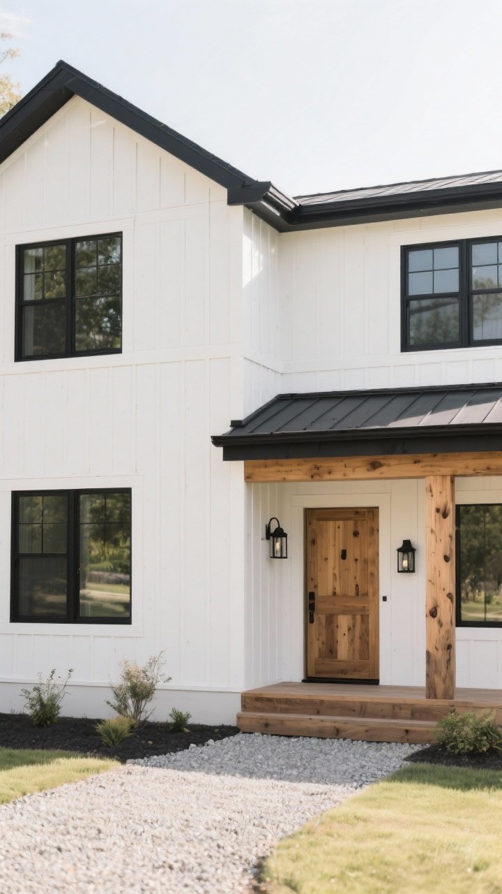 Modern Farmhouse: Warm White + Matte Black + Natural Wood — Wide straight-on shot of a modern farmhouse exterior in bright but diffused daylight: warm white board-and-batten siding, matte black window frames and trim sharply outlining the architecture, a natural wood front door and timber porch beam, simple black metal sconces; gravel path and minimal plantings; keep black finishes non-reflective and the white softly creamy to avoid glare.