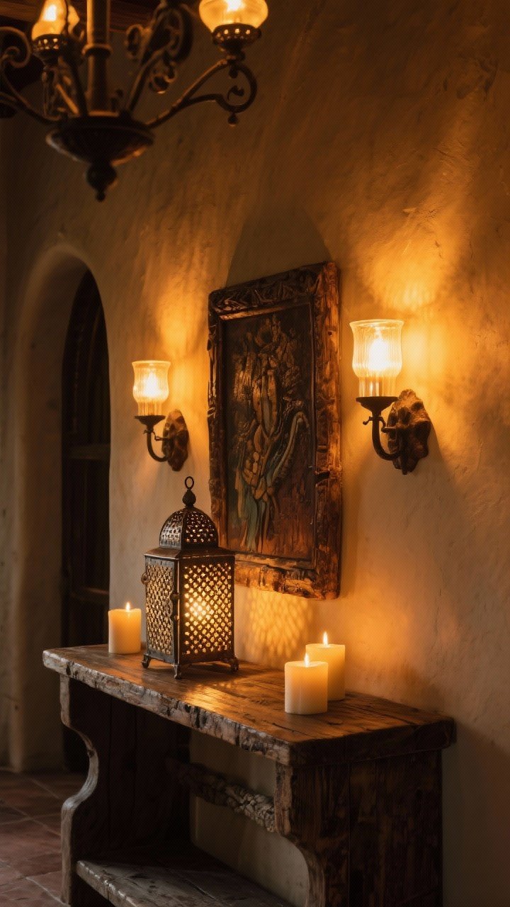 Moody closeup: Layered warm lighting—amber-tinted 2700K glow from rustic wall sconces flanking artwork; punch-tin lantern on a console casting patterned light; a wrought-iron fixture overhead barely visible. Candles add shimmer on a distressed wood surface. Low, golden illumination evokes cozy hacienda ambiance.