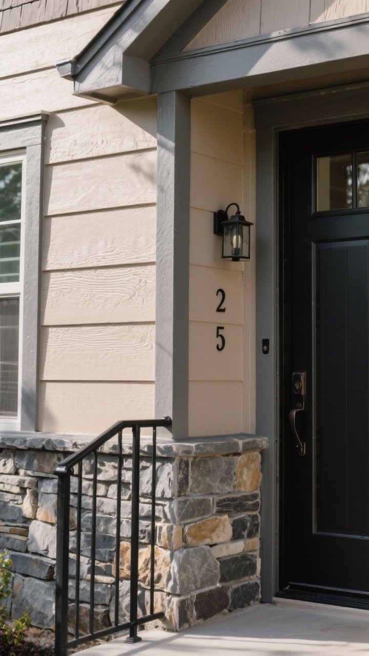 Mushroom Taupe + Stone Gray + Iron Black — Closeup detail of corner siding and entry hardware in mixed sun/shade to show color shifts: mushroom taupe body paint next to stone-gray trim, iron black metal railing and house numbers; textured siding paired with natural stone veneer to add depth; neutral, layered palette that reads custom and understated; focus on surface texture and subtle undertones.