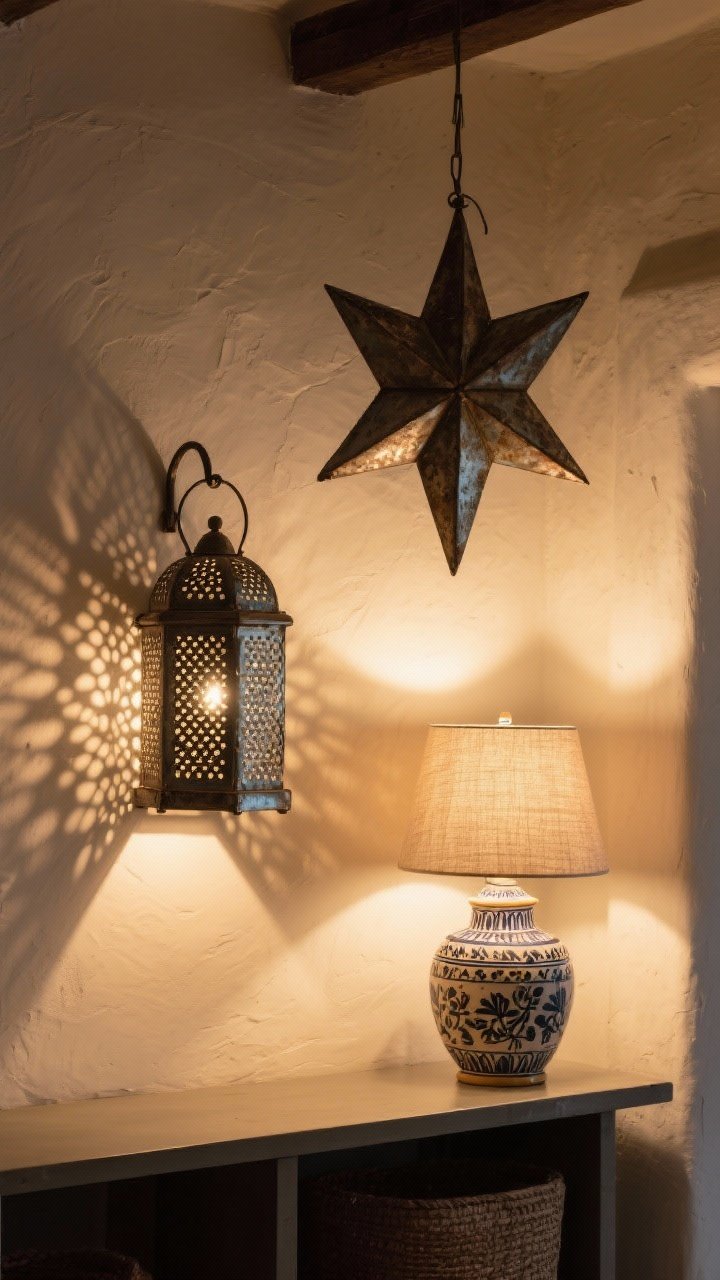 Nighttime lighting closeup: perforated tin lantern casting intricate shadow patterns on warm white plaster, a Moravian-style star pendant in aged tin overhead, and a Talavera ceramic lamp base with a linen shade on a console; all bulbs at 2700–3000K for cozy warmth; focus on the interplay of light, shadow, and handcrafted details.