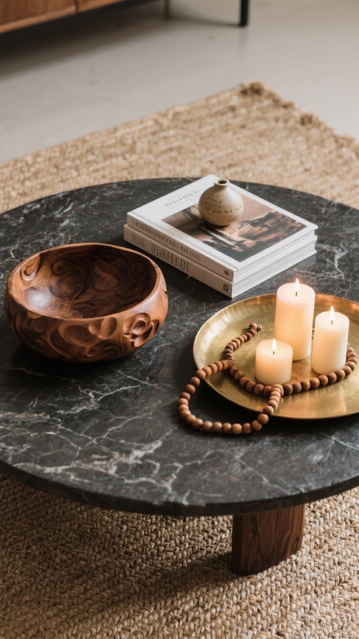 Overhead coffee table styling shot: a dark wood or stone-topped table with one sculptural carved wooden bowl, a stack of two large art books with a small ceramic object on top, and a candle cluster emitting a soft glow. Items corralled on a round brass tray, with a strand of wooden beads draped casually. The jute rug below adds texture, and the scene remains functional, not cluttered.